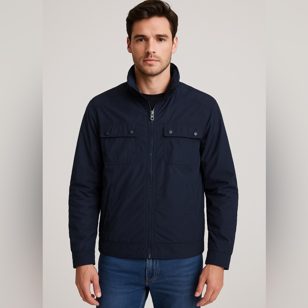 Mango Man Men’s Navy Blue Bomber Jacket with Packable Red Hood Size Small